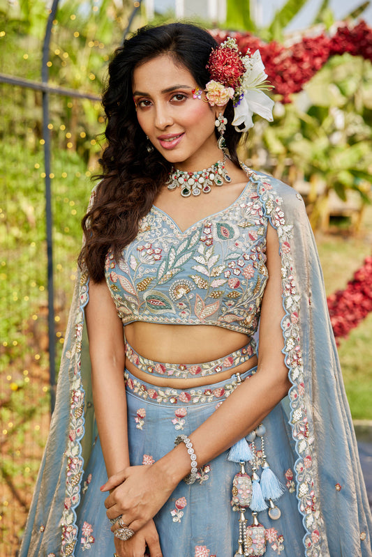 Blue Semi Stitched Embroidered Tissue Lehenga-LC199_2_SareeButa.com