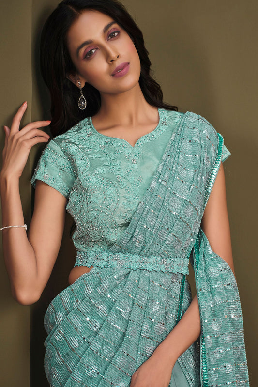 Blue Sequined Crepe Silk Readymade Saree-ZB133907_2_SareeButa.com