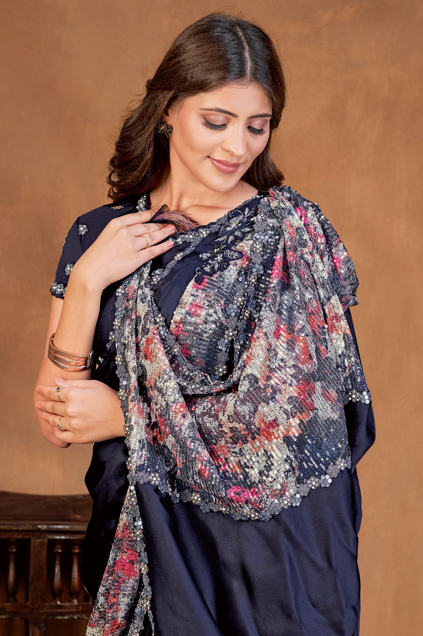 Blue Sequined Satin Crepe Readymade Saree-ZB133918_2_SareeButa.com