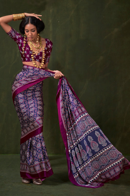 Blue Ajarakh Print Satin Crepe Saree-SAR12410_2_SareeButa.com
