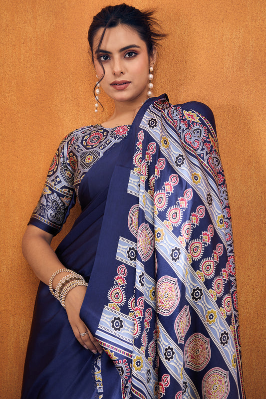 Blue Ajrakh Print Satin Saree-SAR11817_2_SareeButa.com