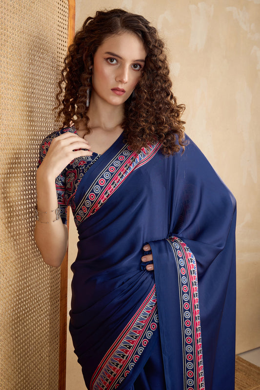 Blue Ajrakh Print Satin Saree-SAR11821_2_SareeButa.com