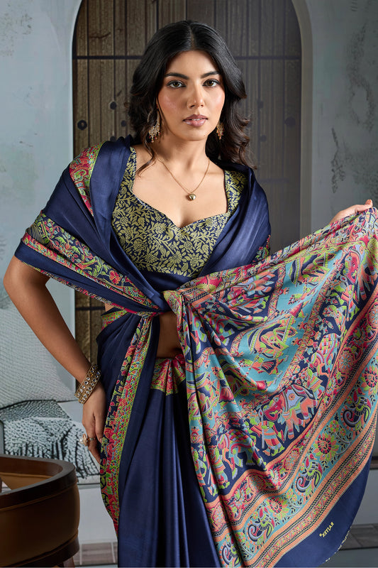 Blue Ajrakh Print Satin Saree-SAR11826_2_SareeButa.com