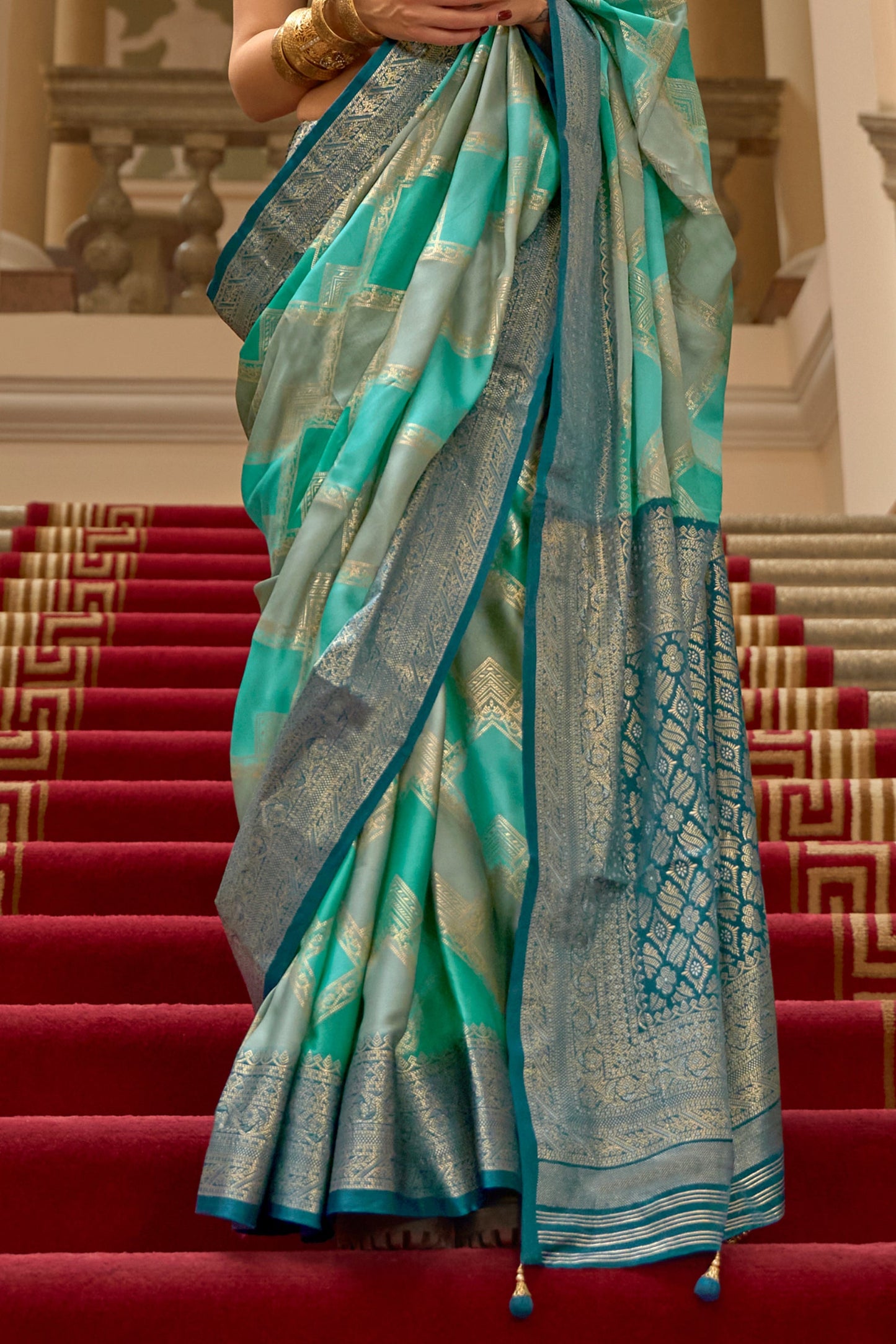Blue And Grey Printed Satin Silk Saree-SAR10187_4_SareeButa.com