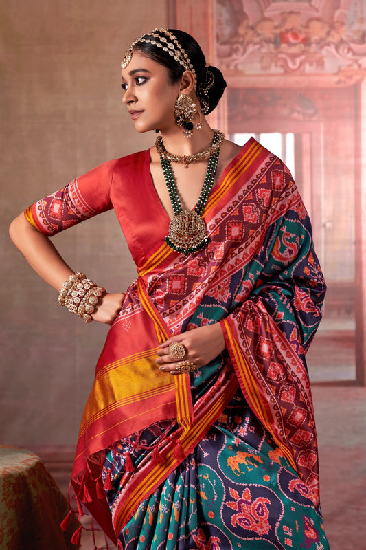 Blue And Red Printed Patola Silk Saree-SAR11370_2_SareeButa.com