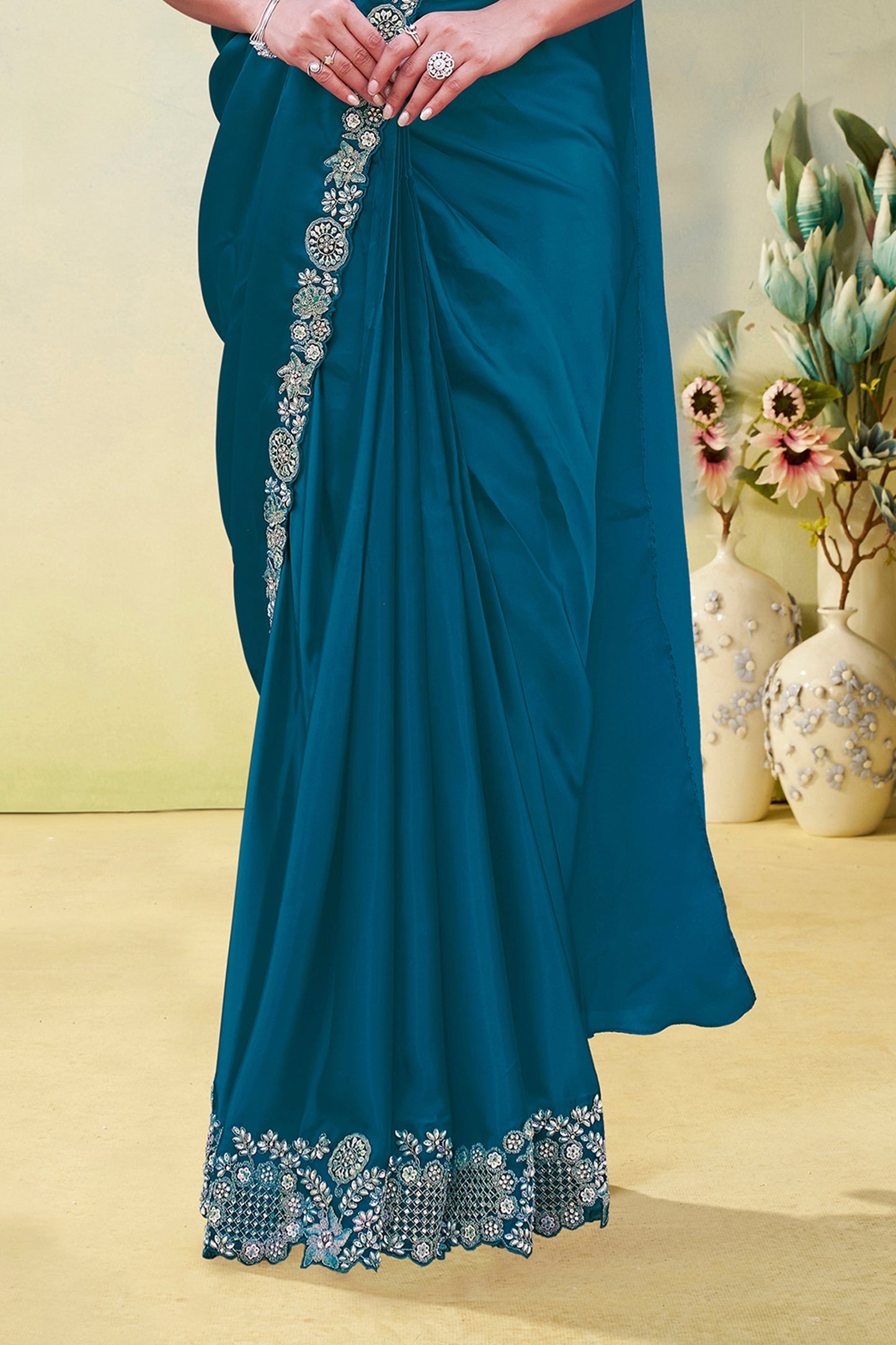 Blue Crepe Satin Silk Readymade Saree-SAR11153_3_SareeButa.com