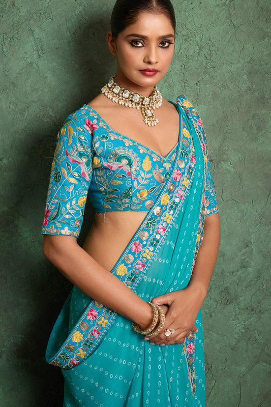 Blue Embroidered Georgette Bandhani Saree-ZB134793_2_SareeButa.com