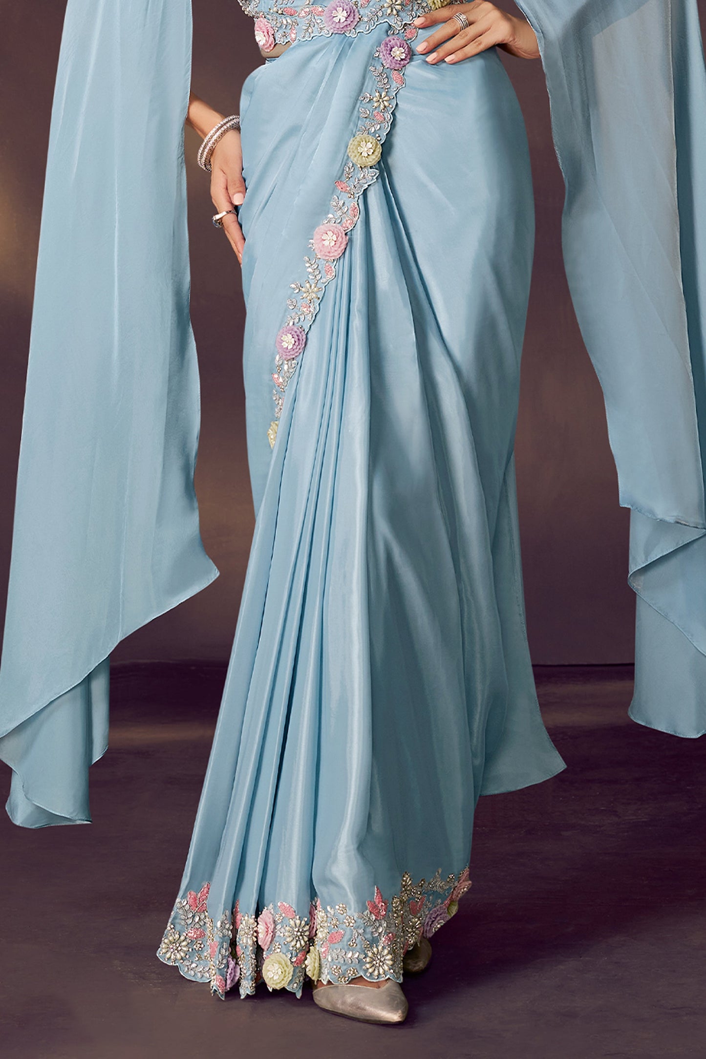 Blue Embroidered Satin Readymade Saree with Stitched Blouse-SAR10852_5_SareeButa.com