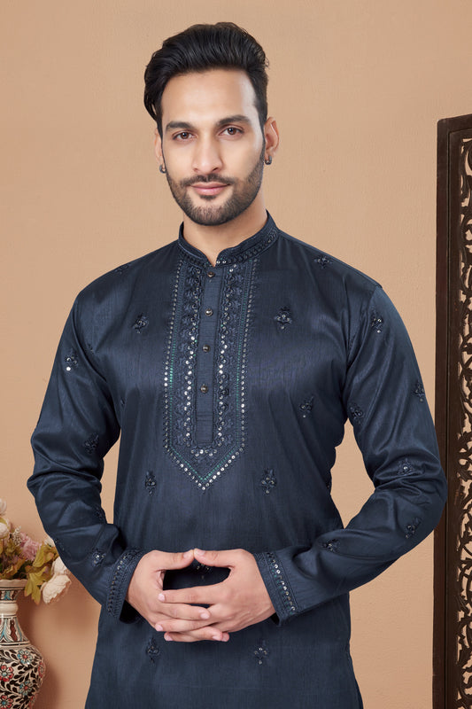 Blue Embroidered Silk Kurta Pajama-MW10_2_SareeButa.com