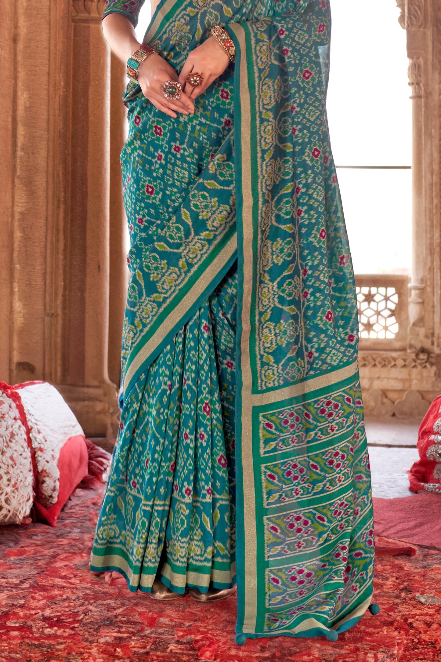 Teal Blue Georgette Patola Saree-ZB134185_4_SareeButa.com