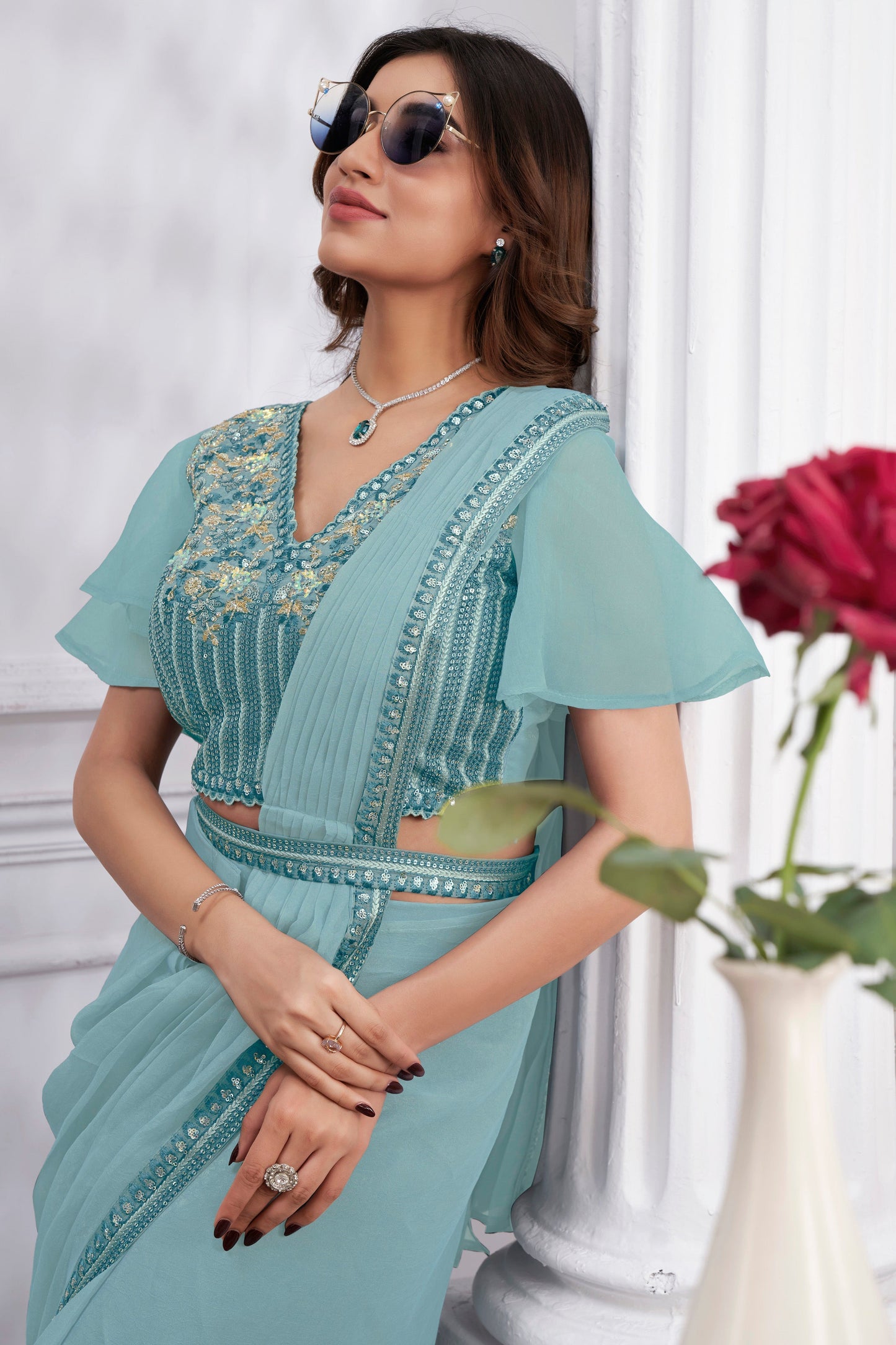 Blue Georgette Readymade Saree With Stitched Blouse-ZB133682_4_SareeButa.com