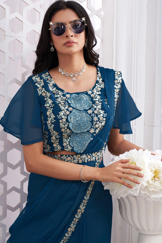 Blue Georgette Readymade Saree With Stitched Blouse-ZB133685_2_SareeButa.com