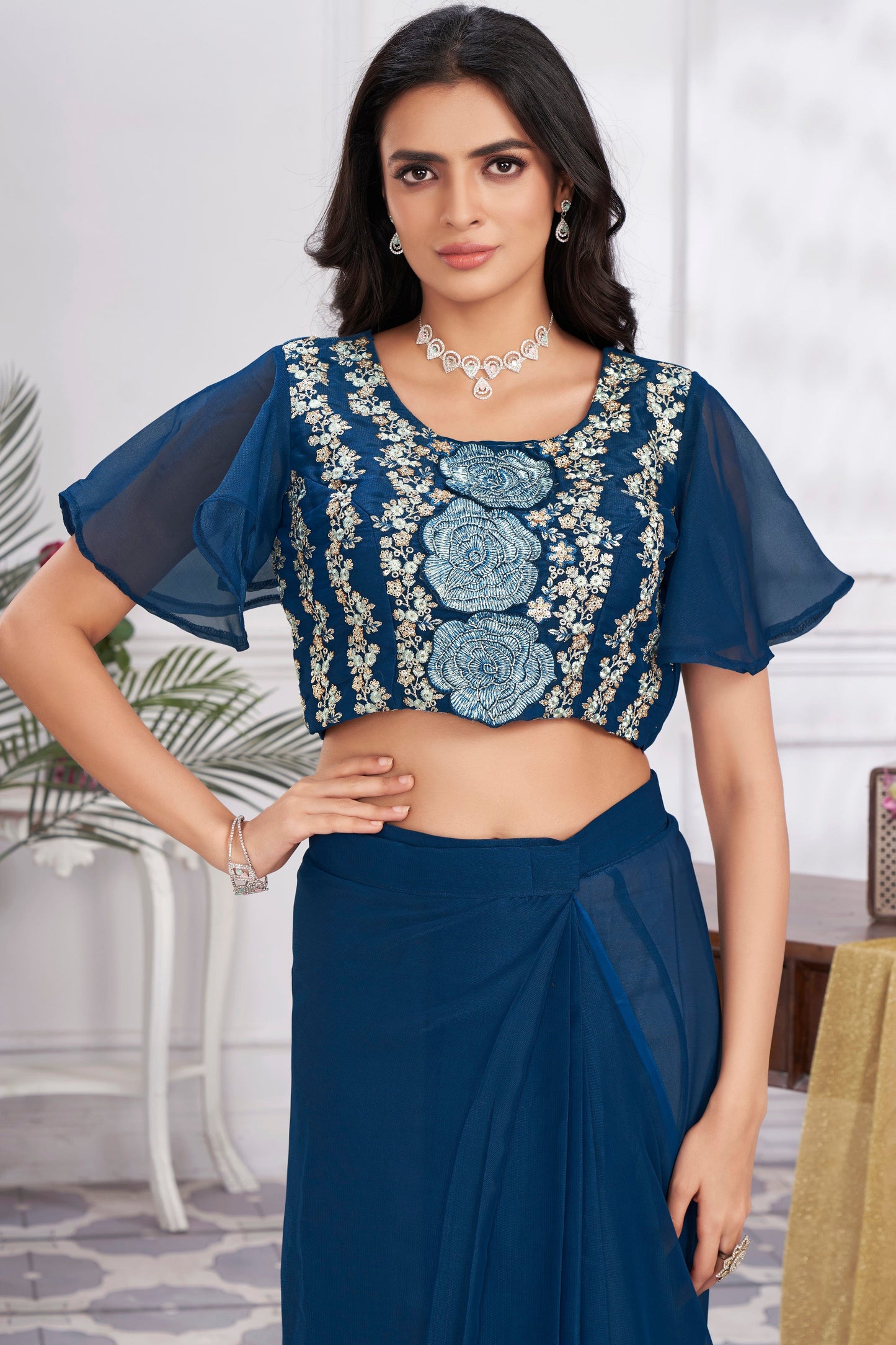 Blue Georgette Readymade Saree With Stitched Blouse-ZB133685_4_SareeButa.com