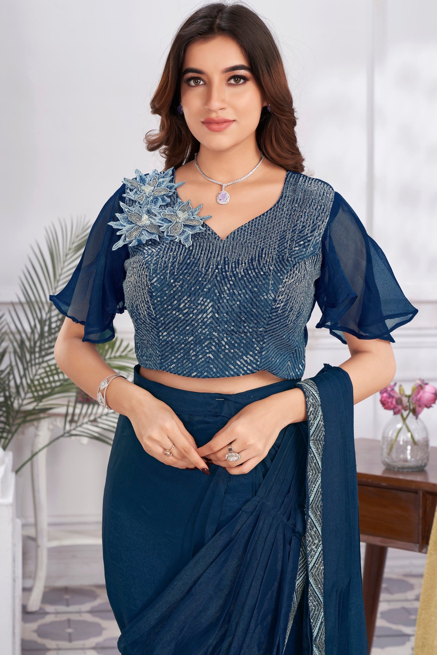 Blue Georgette Readymade Saree With Stitched Blouse-ZB133691_4_SareeButa.com
