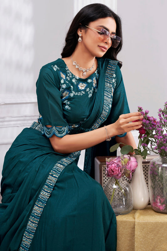 Blue Georgette Readymade Saree With Stitched Blouse-ZB133701_2_SareeButa.com