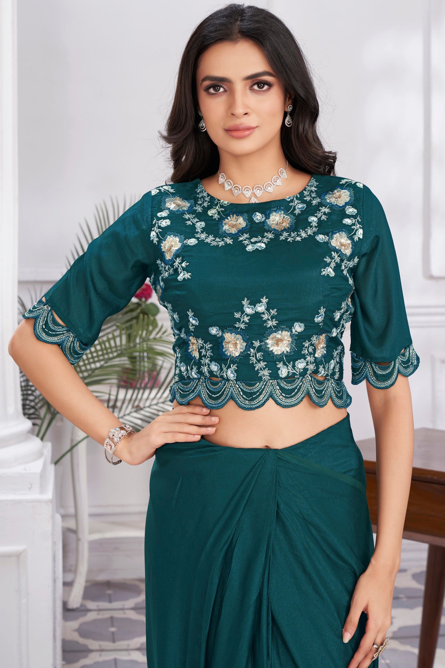 Blue Georgette Readymade Saree With Stitched Blouse-ZB133701_4_SareeButa.com