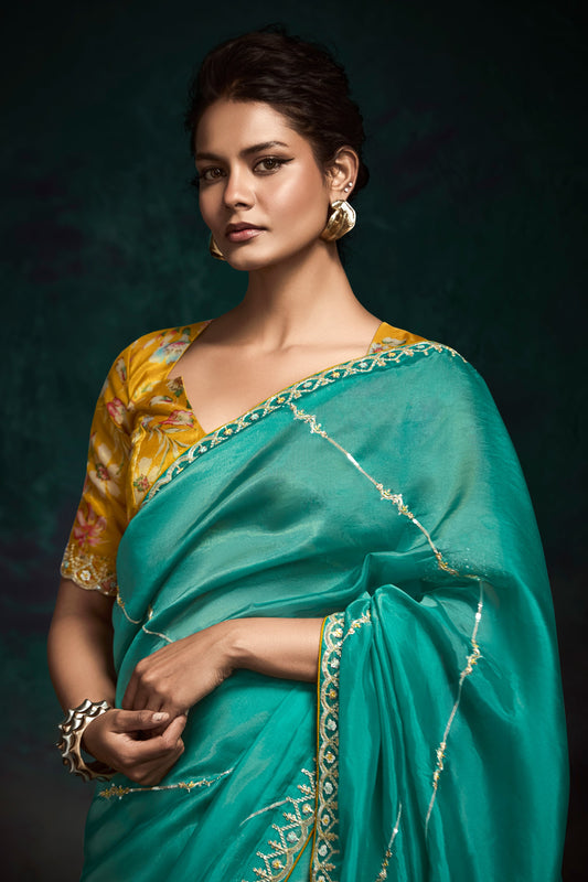 Blue Green Embroidered Organza Saree-ZB134073_2_SareeButa.com