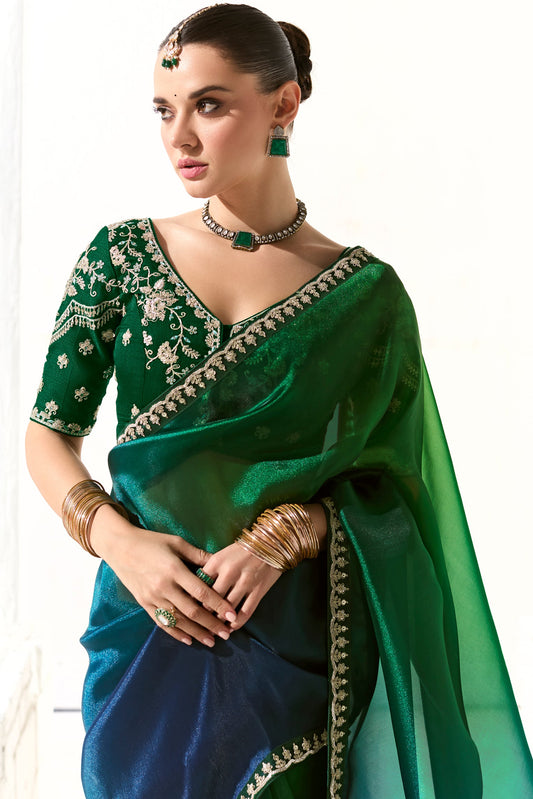 Blue Green Embroidered Organza Tissue Saree-ZB134745_2_SareeButa.com
