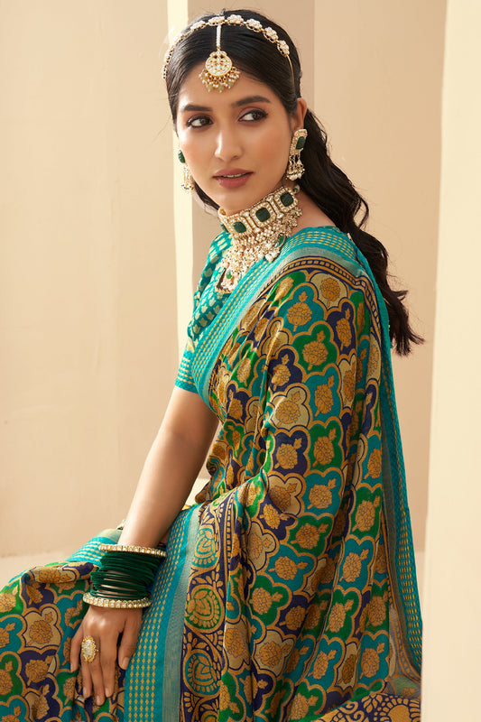 Blue Green Printed Georgette Saree-SAR10124_2_SareeButa.com