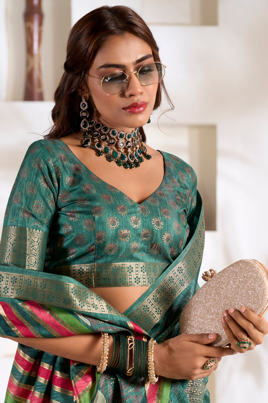 Blue Green Printed Silk Saree-ZB133766_2_SareeButa.com