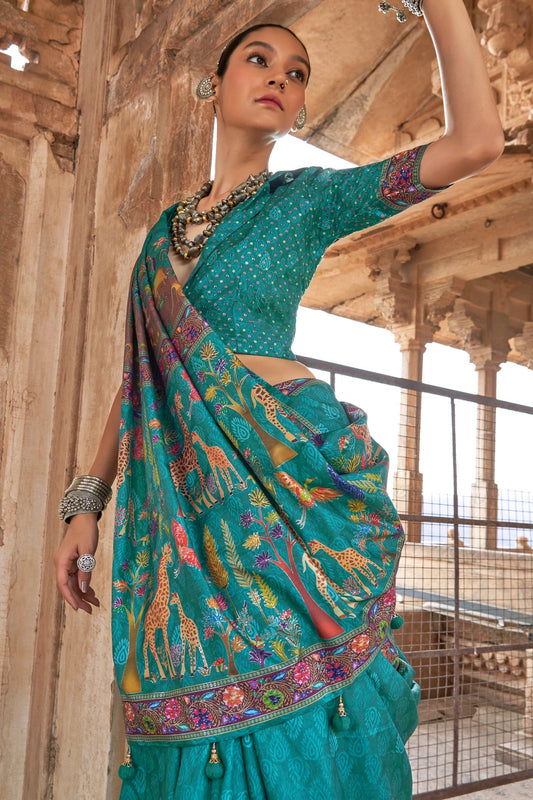 Blue Green Printed Viscose Silk Saree-SAR10414_2_SareeButa.com