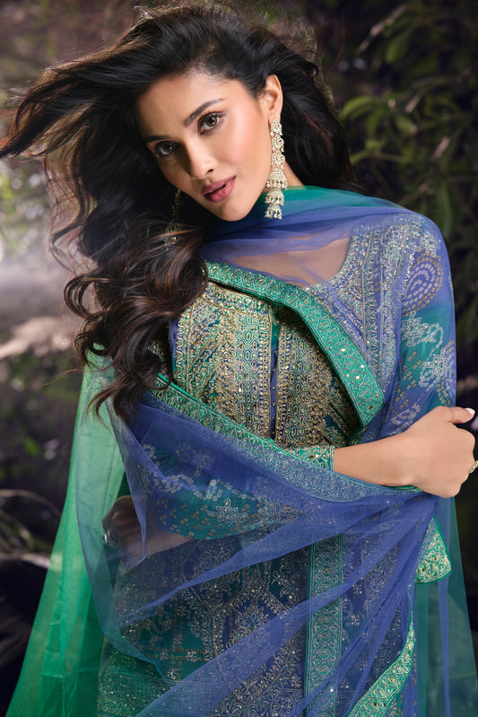 Blue Green Embroidered Chinon Silk Readymade Palazzo Suit-SS422_2_SareeButa.com