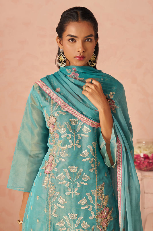 Blue Green Readymade Embroidered Silk Suit-SAR11652_2_SareeButa.com