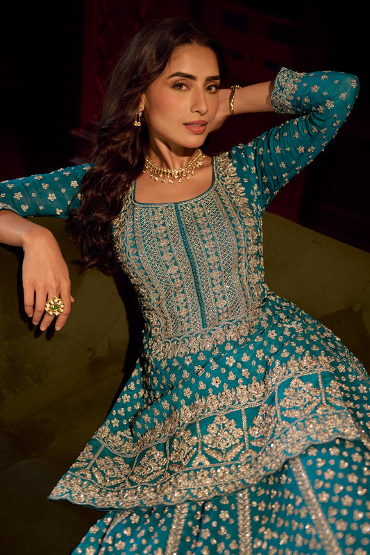 Blue Green Readymade Heavy Work Georgette Skirt Suit-SAR11555_2_SareeButa.com