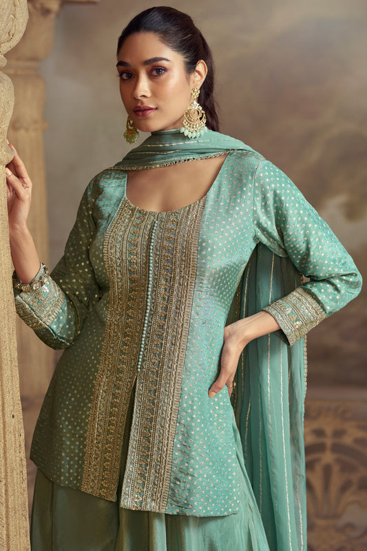 Blue Green Readymade Jacquard Simar Palazzo Set-SS790_2_SareeButa.com