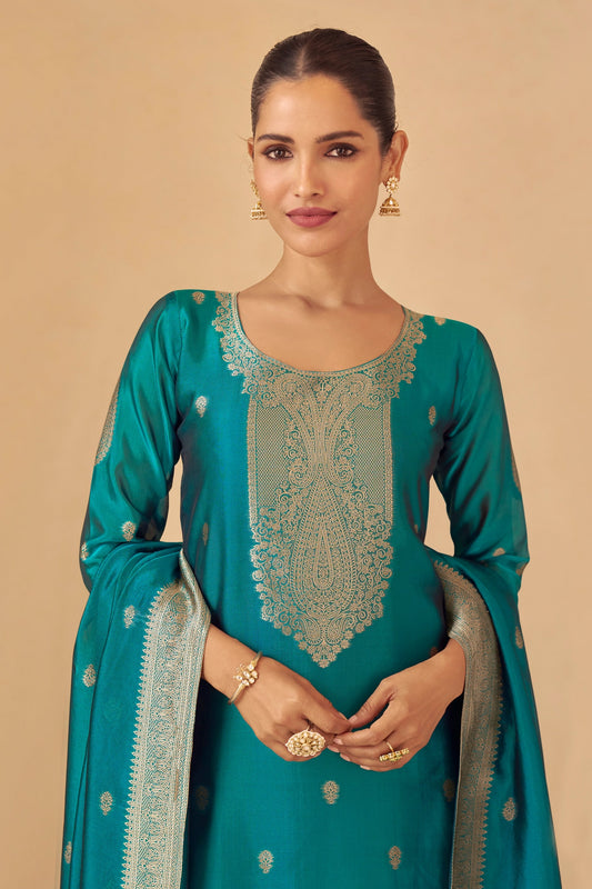 Blue Green Readymade Viscose Silk Suit-SAR11074_2_SareeButa.com