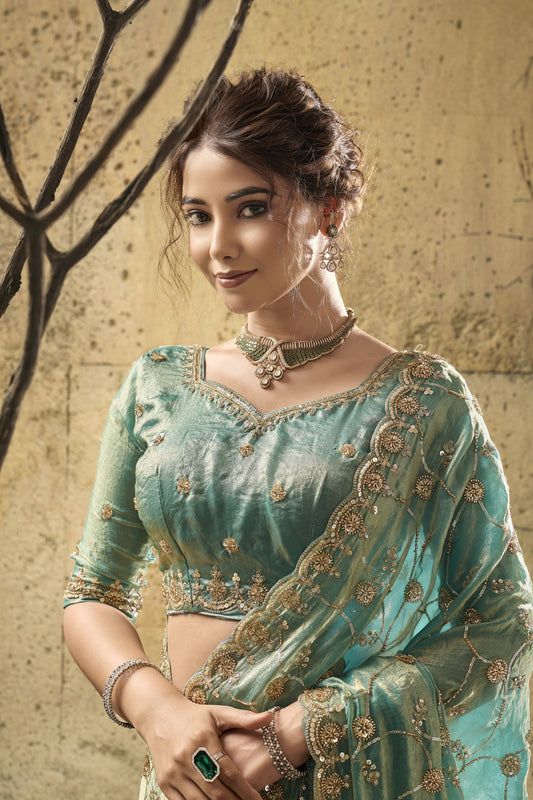 Blue Green Sequin Work Velvet Satin Saree-SAR12816_2_SareeButa.com
