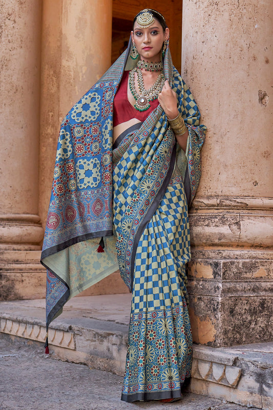Blue Grey Ajarakh Printed Viscose Saree-SAR10147_2_SareeButa.com