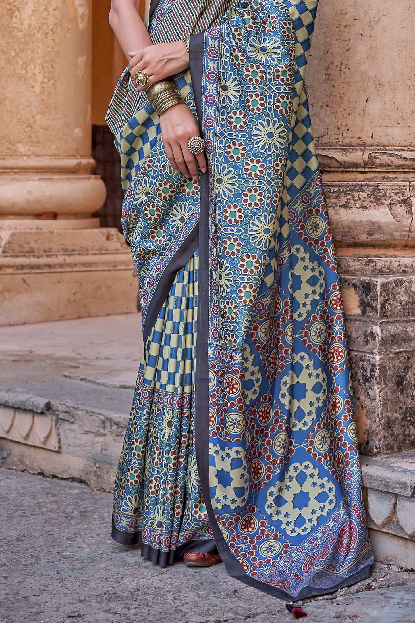 Blue Grey Ajarakh Printed Viscose Saree-SAR10147_4_SareeButa.com
