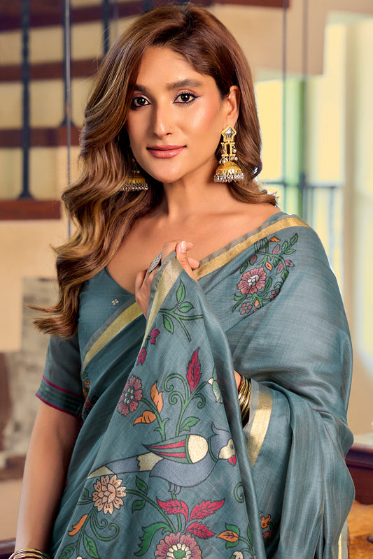 Blue Grey Cotton Saree with Kalamkari Motifs-SAR12948_2_SareeButa.com