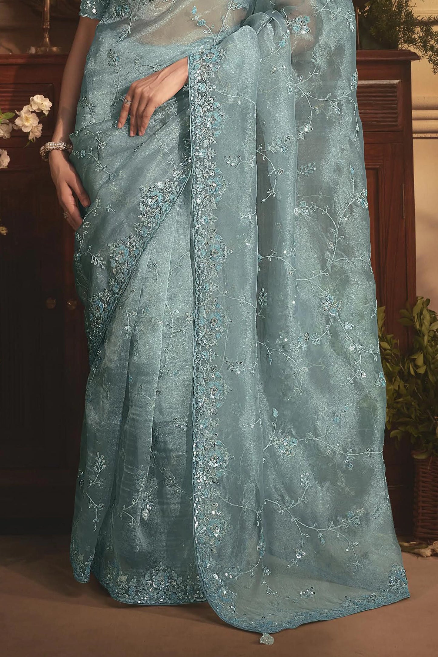 Blue Grey Embroidered Tissue Organza Saree-SAR10243_5_SareeButa.com