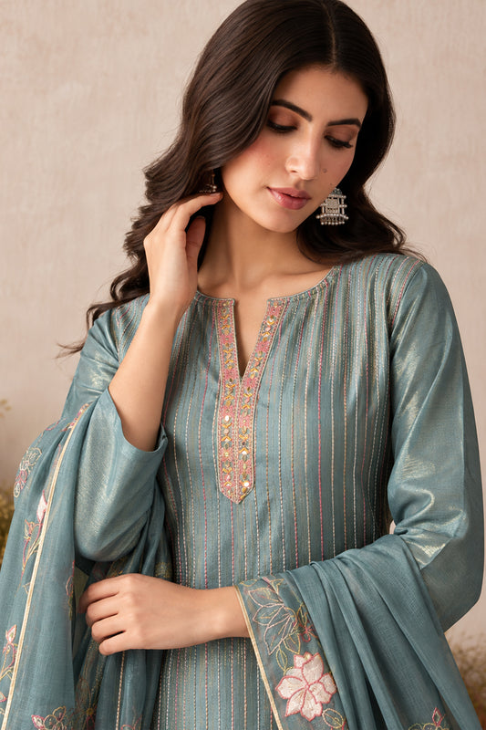 Blue Grey Readymade Embroidered Shimmer Silk Suit-SAR13337_2_SareeButa.com