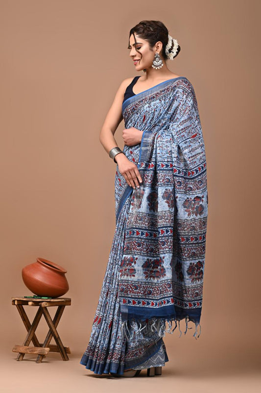 blue-handblock-print-cotton-linen-saree-zb132558_2_SareeButa.com