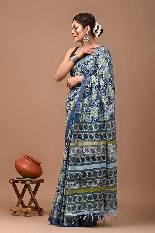 blue-handblock-print-cotton-linen-saree-zb132561_2_SareeButa.com