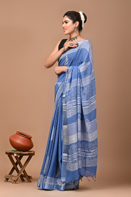 blue-handblock-print-cotton-linen-saree-zb132570_2_SareeButa.com