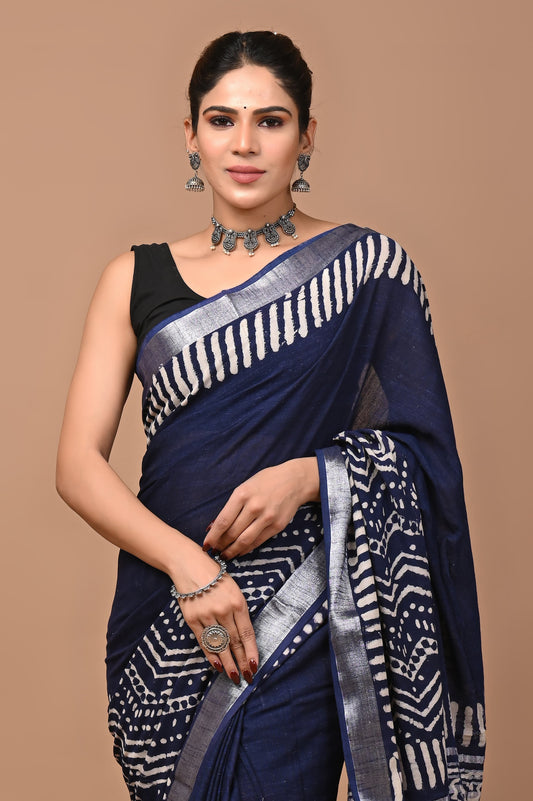blue-handblock-print-cotton-linen-saree-zb132591_2_SareeButa.com