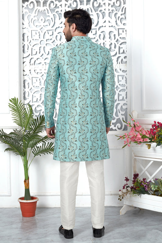 Blue Jacquard Silk Kurta Pajama-SAR11422_2_SareeButa.com