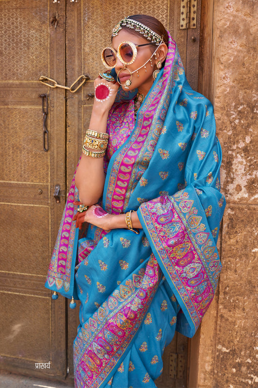 Blue Jamewar Print Viscose Silk Saree-SAR10093_2_SareeButa.com