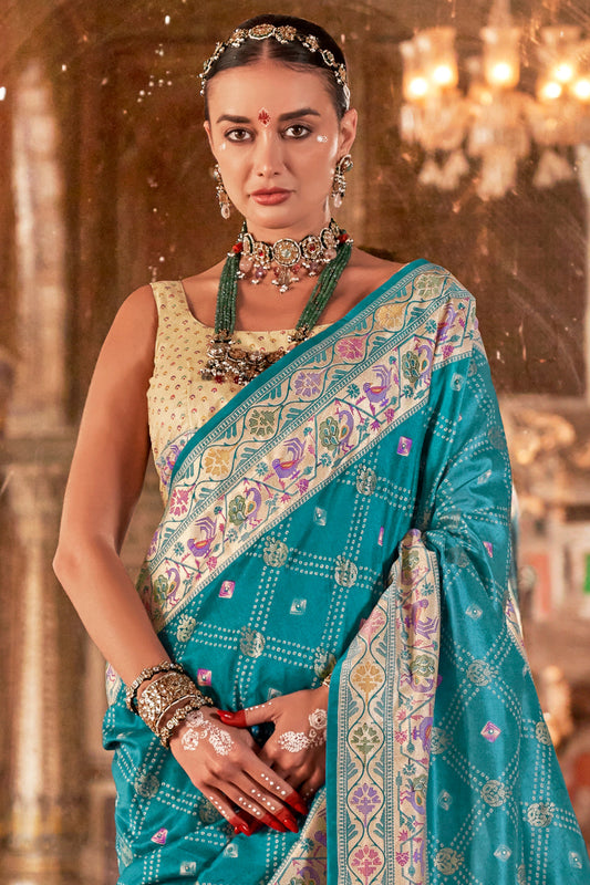 Blue Printed Paithani Silk Saree-ZB134547_2_SareeButa.com