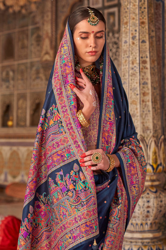 Blue Printed Viscose Silk Saree-SAR10135_2_SareeButa.com