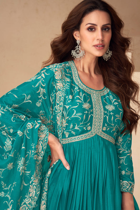 Blue Readymade Chinon Silk Gown with Dupatta-SS597_2_SareeButa.com