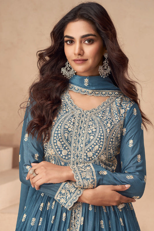 Blue Readymade Chinon Silk Skirt Suit-SS568_2_SareeButa.com