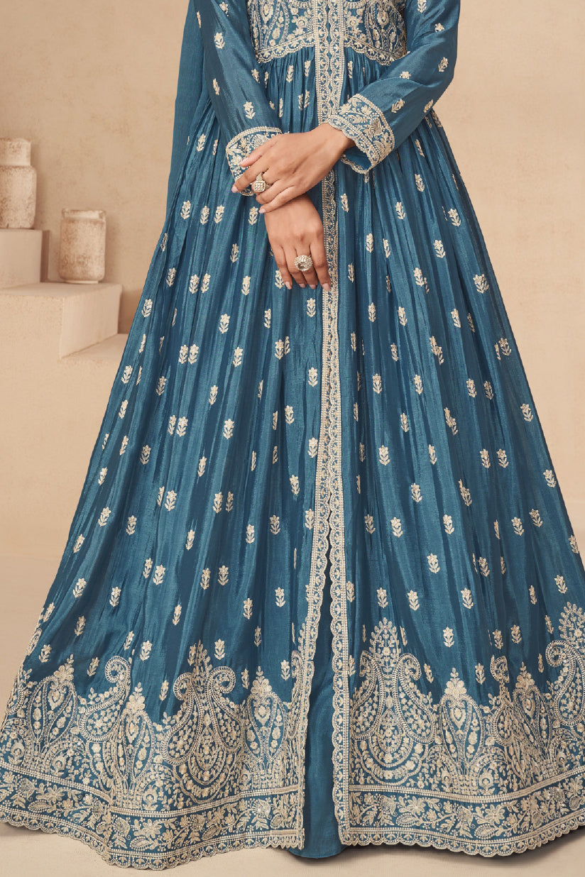 Blue Readymade Chinon Silk Skirt Suit-SS568_4_SareeButa.com