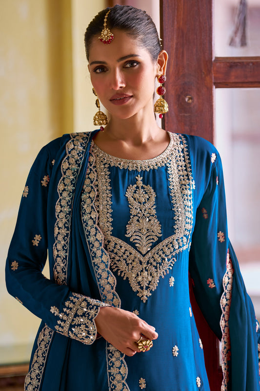 Blue Readymade Embroidered Chinon A-line Pant Suit-SAR11966_2_SareeButa.com
