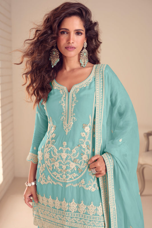 Blue Readymade Embroidered Chinon Palazzo Suit-SAR11564_2_SareeButa.com