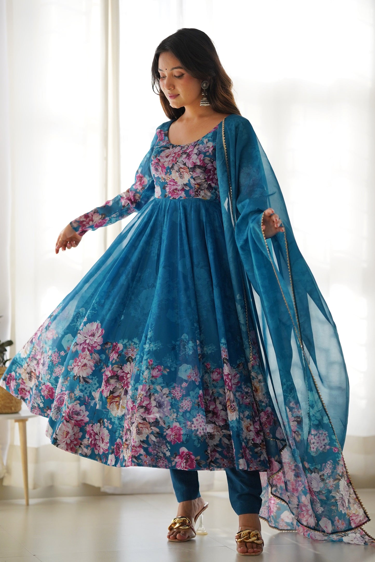 Blue Readymade Printed Organza Anarkali Suit-SS496_5_SareeButa.com